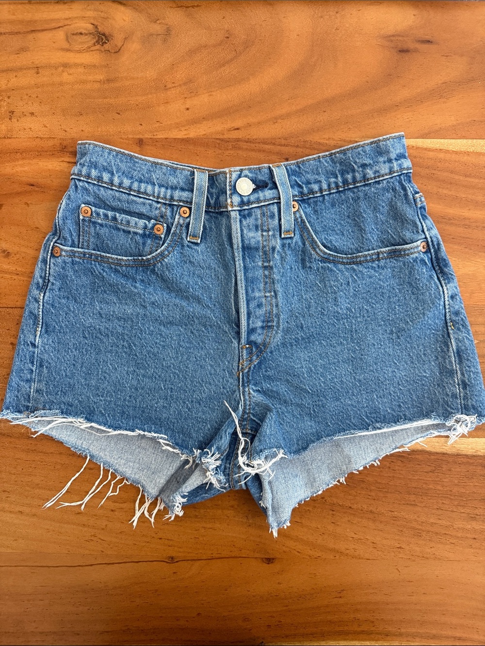 Levi's 501 Blue High-Waist Distressed Denim Shorts